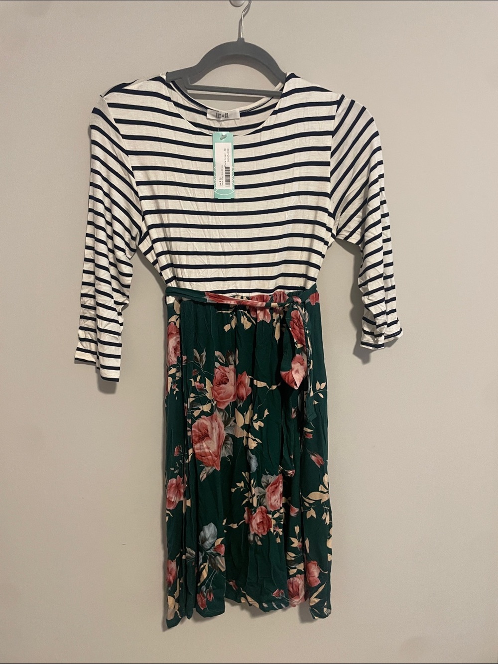 Striped Top with Green Floral Skirt Casual Women's Dress